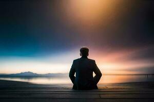 un' uomo seduta su un' bacino a tramonto. ai-generato foto