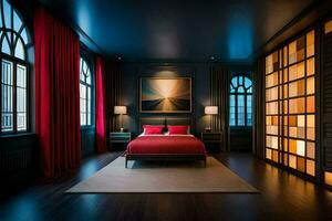 un' Camera da letto con rosso e nero muri e un' letto. ai-generato foto