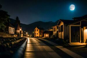 foto sfondo il cielo, notte, Luna, montagne, strada, case, villaggio, chiaro di luna. ai-generato