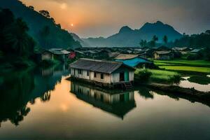 un' fiume nel il montagne con case e riso campi. ai-generato foto