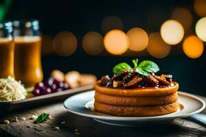 un' pila di Pancakes su un' piatto con un' bicchiere di vino. ai-generato foto