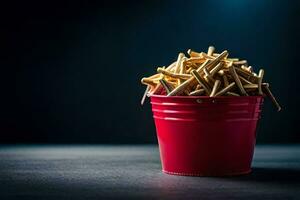 un' secchio pieno con francese patatine fritte. ai-generato foto