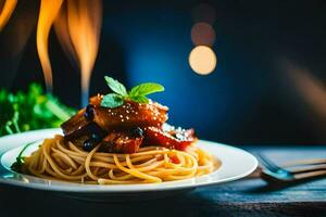 spaghetti con carne e verdure su un' piatto. ai-generato foto