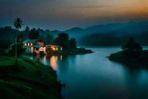 un' Casa si siede su il riva di un' lago a tramonto. ai-generato foto