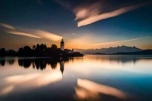 un' faro su un' piccolo isola nel il mezzo di un' lago. ai-generato foto