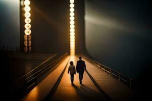 un' uomo e donna a piedi su un' ponte a notte. ai-generato foto