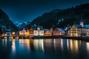 un' cittadina nel il montagne a notte. ai-generato foto