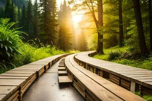 di legno passerella nel il foresta a tramonto. ai-generato foto