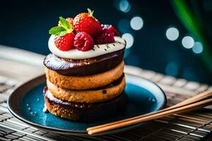 un' pila di Pancakes sormontato con frutti di bosco e frustato crema. ai-generato foto