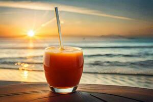 un' bicchiere di arancia succo su un' tavolo nel davanti di il oceano. ai-generato foto