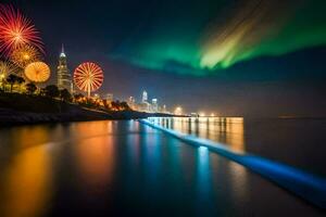 il aurora Borealis luci su il cielo al di sopra di il Chicago orizzonte. ai-generato foto