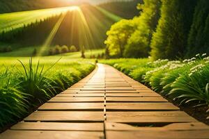 un' di legno sentiero conduce per il sole nel il mezzo di un' verde campo. ai-generato foto