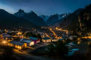 un' cittadina nel il montagne a notte. ai-generato foto