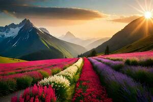 un' bellissimo campo di fiori e montagne a tramonto. ai-generato foto