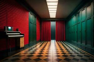 un' corridoio con rosso e verde muri e un' pianoforte. ai-generato foto