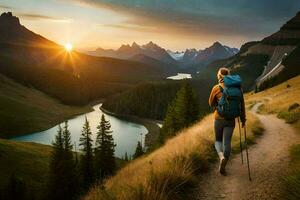 un' escursionista passeggiate lungo un' pista nel il montagne. ai-generato foto