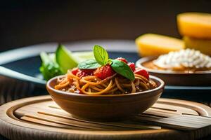 un' ciotola di spaghetti con pomodoro salsa e basilico le foglie. ai-generato foto