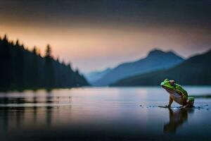 un' rana è in piedi su il bordo di un' lago a tramonto. ai-generato foto