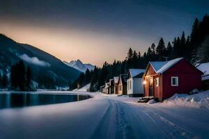 un' piccolo cabina si siede Il prossimo per un' lago nel il neve. ai-generato foto