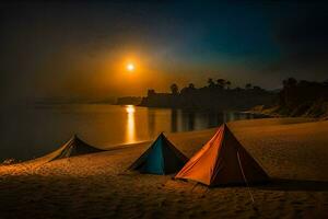 tende su il spiaggia a notte con il Luna nel il sfondo. ai-generato foto