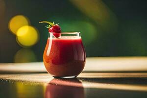 un' bicchiere di fragola succo con un' fragola su superiore. ai-generato foto