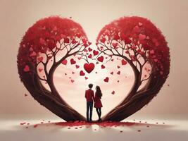 grafica per un' coppia nel amore contro il sfondo di un' rosso a forma di cuore albero foto