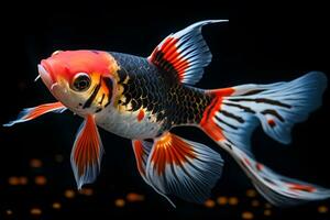 piccolo luminosa colorato koi pesce isolato nero sfondo generativo ai foto