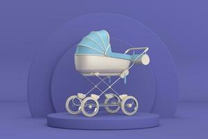 moderno blu bambino carrozza, passeggino, carrozzina al di sopra di viola molto peri cilindri prodotti palcoscenico piedistallo. 3d interpretazione foto