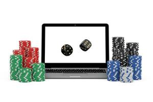 casinò in linea concetto. gioco d'azzardo patatine fritte e casinò nero gioco dado cubi con moderno il computer portatile computer. 3d interpretazione foto