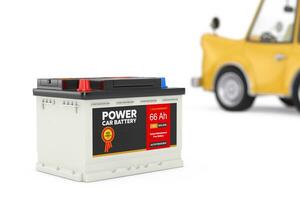 ricaricabile auto batteria 12v accumulatore con astratto etichetta. 3d interpretazione foto