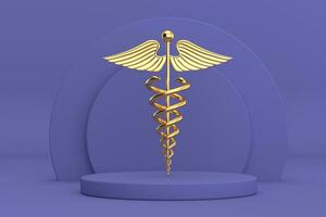 d'oro medico caduceo simbolo al di sopra di viola molto peri cilindri prodotti palcoscenico piedistallo. 3d interpretazione foto