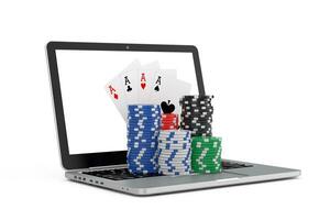 casinò in linea concetto. gioco d'azzardo patatine fritte e poker giocando carte con moderno il computer portatile computer. 3d interpretazione foto