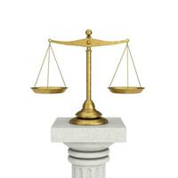 Vintage ▾ classico giustizia d'oro equilibrato bilancia al di sopra di colonna piedistallo. 3d interpretazione foto