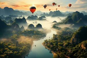 caldo aria palloncini volare al di sopra di il montagne. generativo ai foto