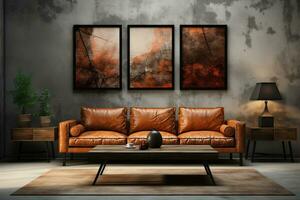 telaio galleria modello nel moderno vivente camera interno con pelle divano, minimalista industriale stile. generativo ai. foto
