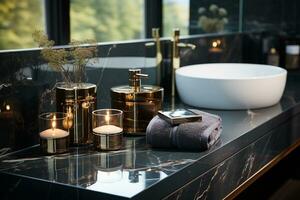 felpa Camera da letto scena di lussuoso bagno con nero marmo. generativo ai. foto