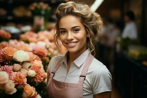 ritratto di un' contento donna in piedi nel sua fiore negozio. allegro giovane commessa è in attesa per i clienti di il fiore negozio. generativo ai. foto