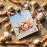 spiaggia a tema nozze invito con conchiglie e stella marina. generativo ai foto