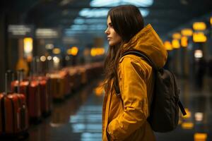 giovane donna a treno stazione guardare a destinazione tavola. viaggio e pubblico trasporto concetto. generativo ai. foto