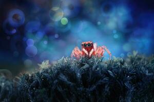 rosso salto ragno su un' muschio con colorfl sfondo concettuale arte di macro foto