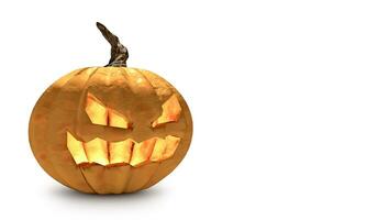Halloween zucca con contento viso su bianca sfondo foto