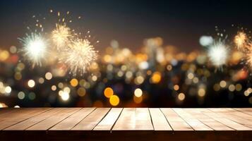 vuoto tavolo superiore con città Visualizza e fuochi d'artificio a notte per Prodotto fotografia e presentazione ai generativo foto