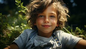 sorridente ragazzo nel natura, godendo estate, spensierato e contento generato di ai foto