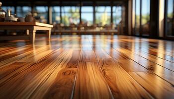moderno appartamento con luminosa legno duro pavimentazione e vuoto tavolo generato di ai foto