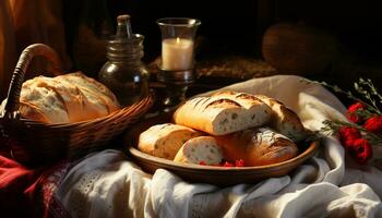 un' rustico picnic tavolo con fatti in casa pane e vino generato di ai foto