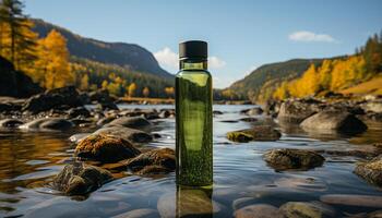 tranquillo scena montagna riflessione nel acqua, autunno foglie, tranquillo, calmo generato di ai foto