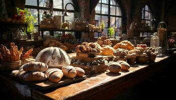 appena al forno pane, fatti in casa e rustico, su un' di legno tavolo generato di ai foto