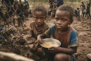 ai generato grande Comunità di famiglie e triste bambini e donne a profugo campo è borderline e triste situazioni foto