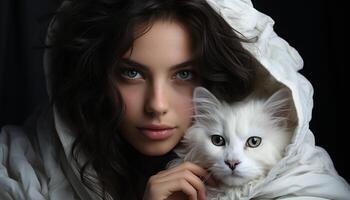 carino donna con lungo capelli sorridente, guardare a adorabile gattino generato di ai foto