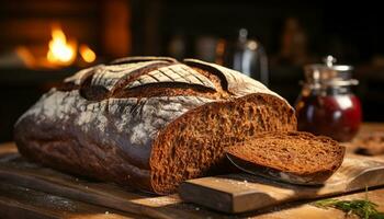 appena al forno fatti in casa pane su rustico di legno tavolo generato di ai foto